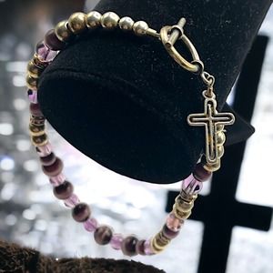 Various Glass Purple Beaded Silver-Tone Cross Charm 10 Inch Bracelet!